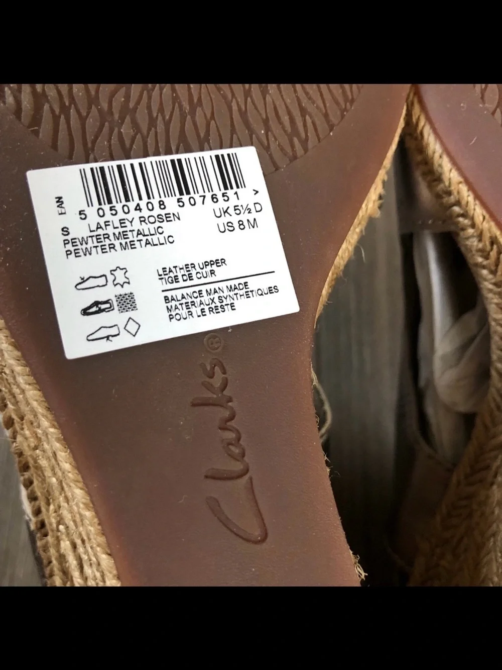 Clarks Lafley Rosen Pewter Metallic Wedge Sandals Mules US 8 / EU 39 NEW IN BOX